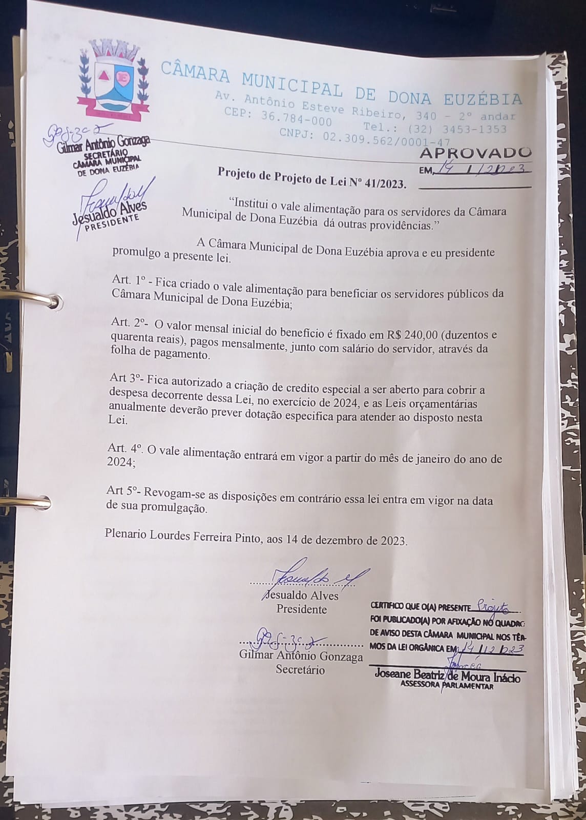 PROJETO DE LEI Nº41-23  INSTITUI O VALE ALIMENTAÇÃO PARA OS SERVIDORES DA CAMARA MUNICIPAL DE DONA EUZEBIA E DÁ OUTRAS PROVIDENCIAS.