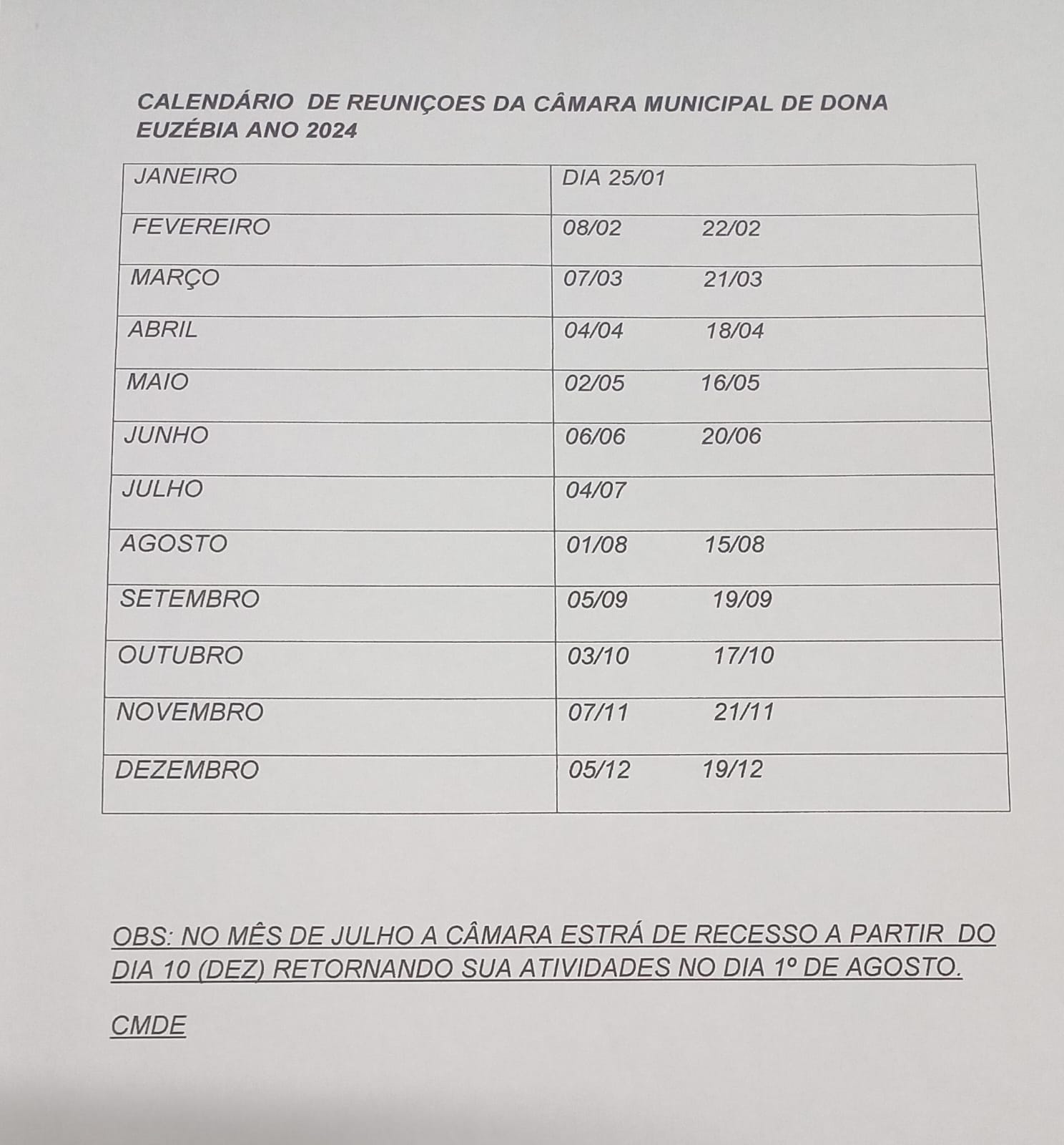 CALENDÁRIO DE REUNIÕES ORDINÁRIAS DA CÂMARA MUNICIPAL DE DONA EUZEBIA 2024.