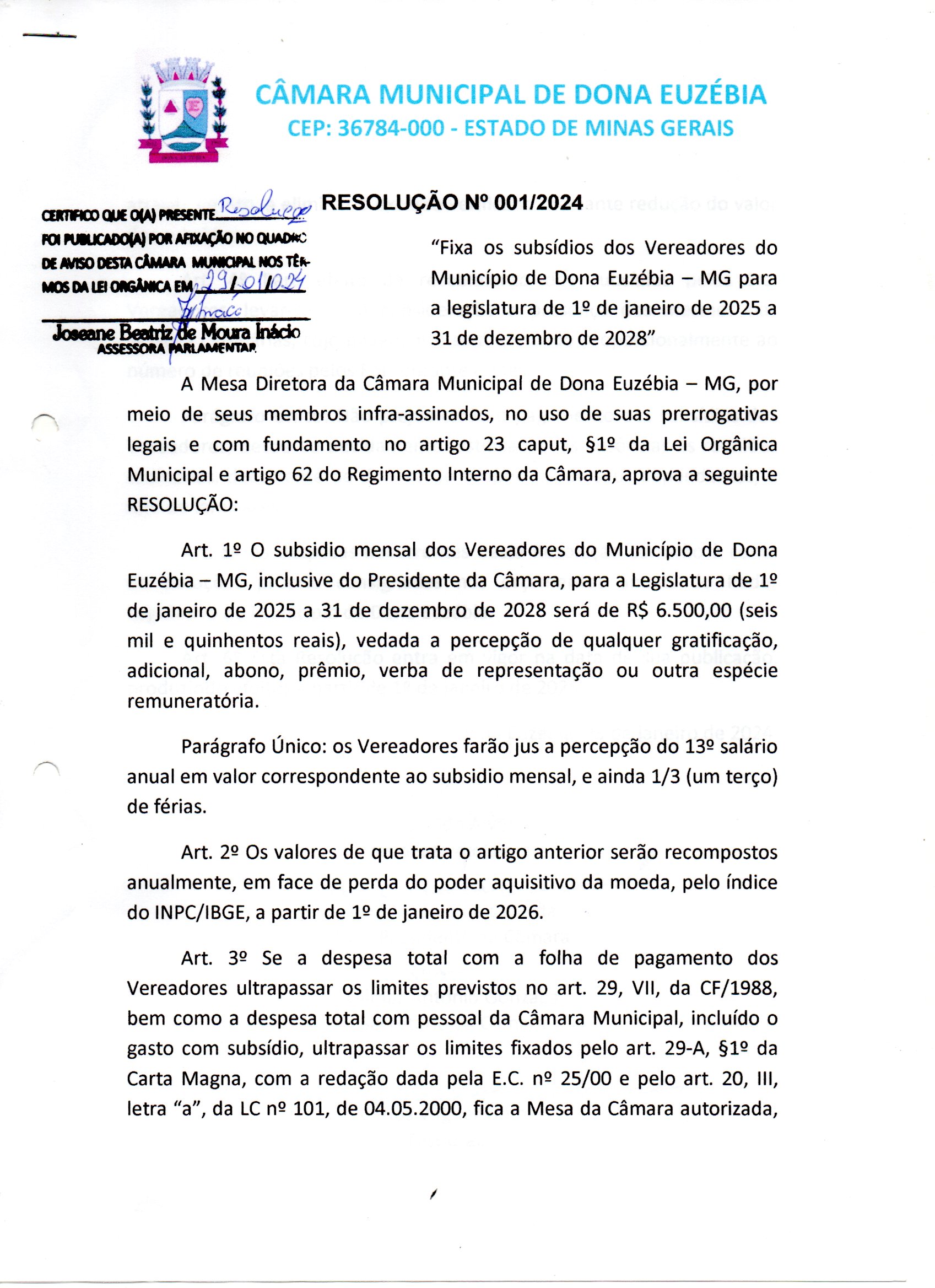 PROJETO DE RESOLUÇÃO Nº 001/2024