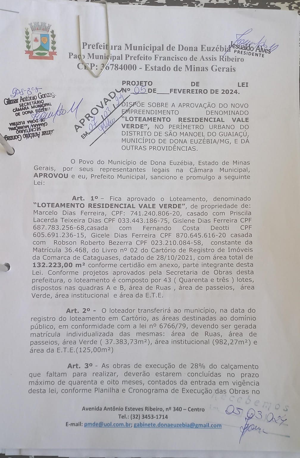 PROJETO DE Nº05-24 LOTEAMENTO RESIDENCIAL VALE VERDE