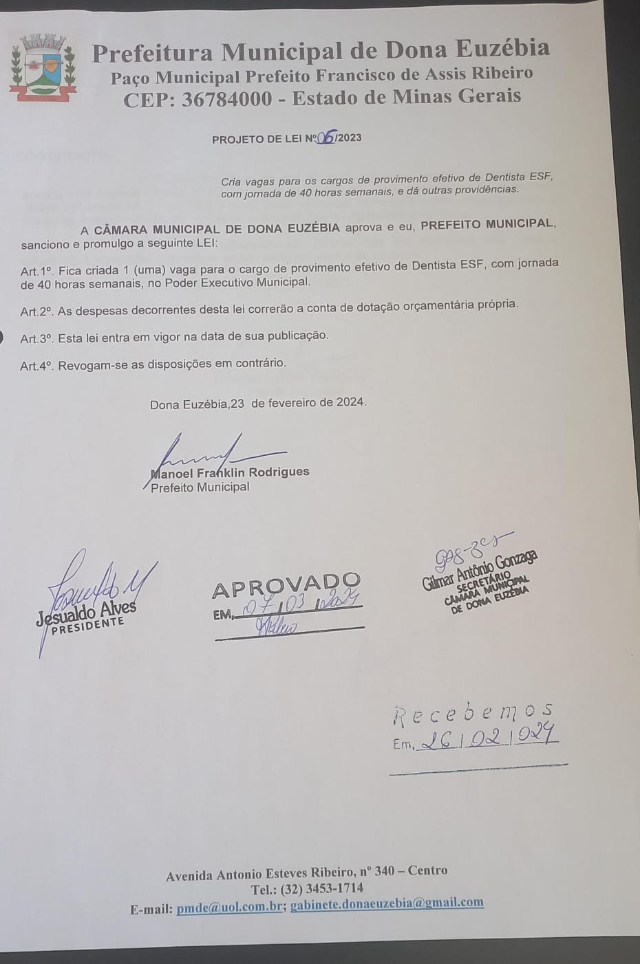 PROJETO DE Nº06-24 CRIA VAGAS PARA CARGOS DE PROVIMENTO EFETIVO 