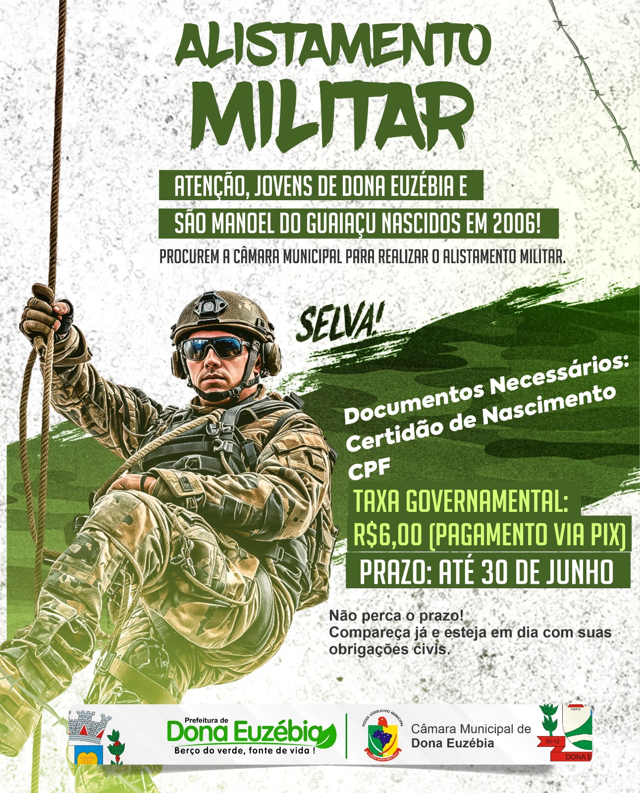???? Comunicado Importante para os Jovens de Dona Euzébia!  Se você nasceu no ano de 2006, chegou a hora de realizar o seu Alistamento Militar! Compareça à Câmara Municipal de Dona Euzébia com os seguintes documentos:  C